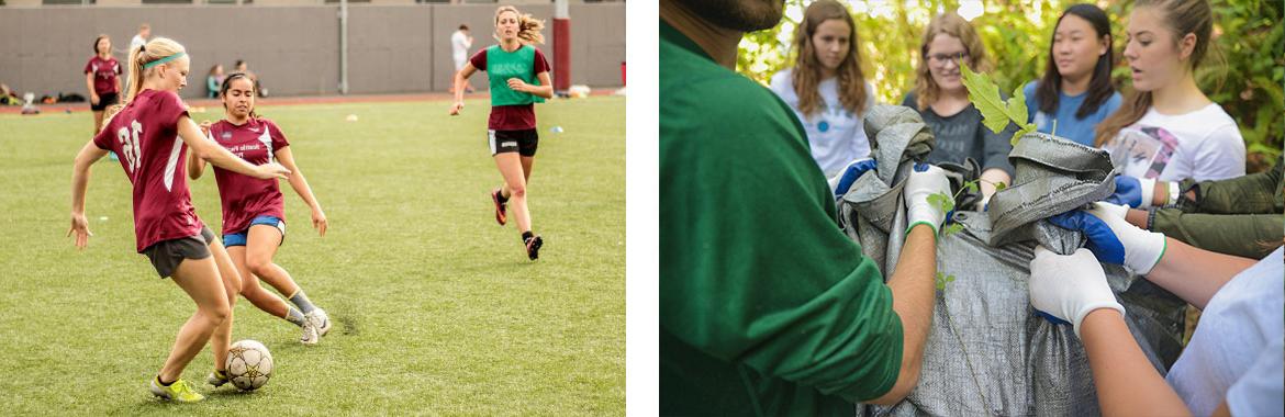 左图显示学生们在城市探索中拿着一袋树叶, 右图是女子踢足球.